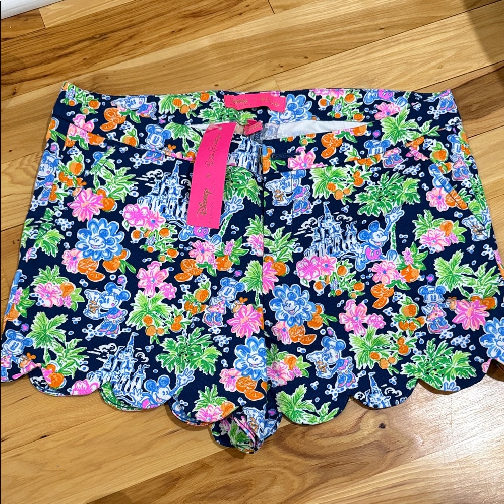 Lilly Pulitzer Navy Floral Scalloped Hem Shorts with Neon Accents